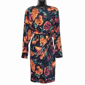 VTG 80s 90s LIZ CLAIBORNE SILK WRAP DRESS COLORFUL FRUIT FLORAL COTTAGE CORE 14
